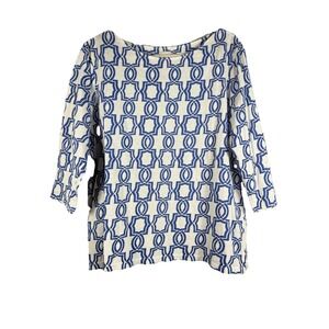 Chicos Women's White Blue 3/4 Sleeve‎ Geometric Print Peplum Slub Top Size 3-XL